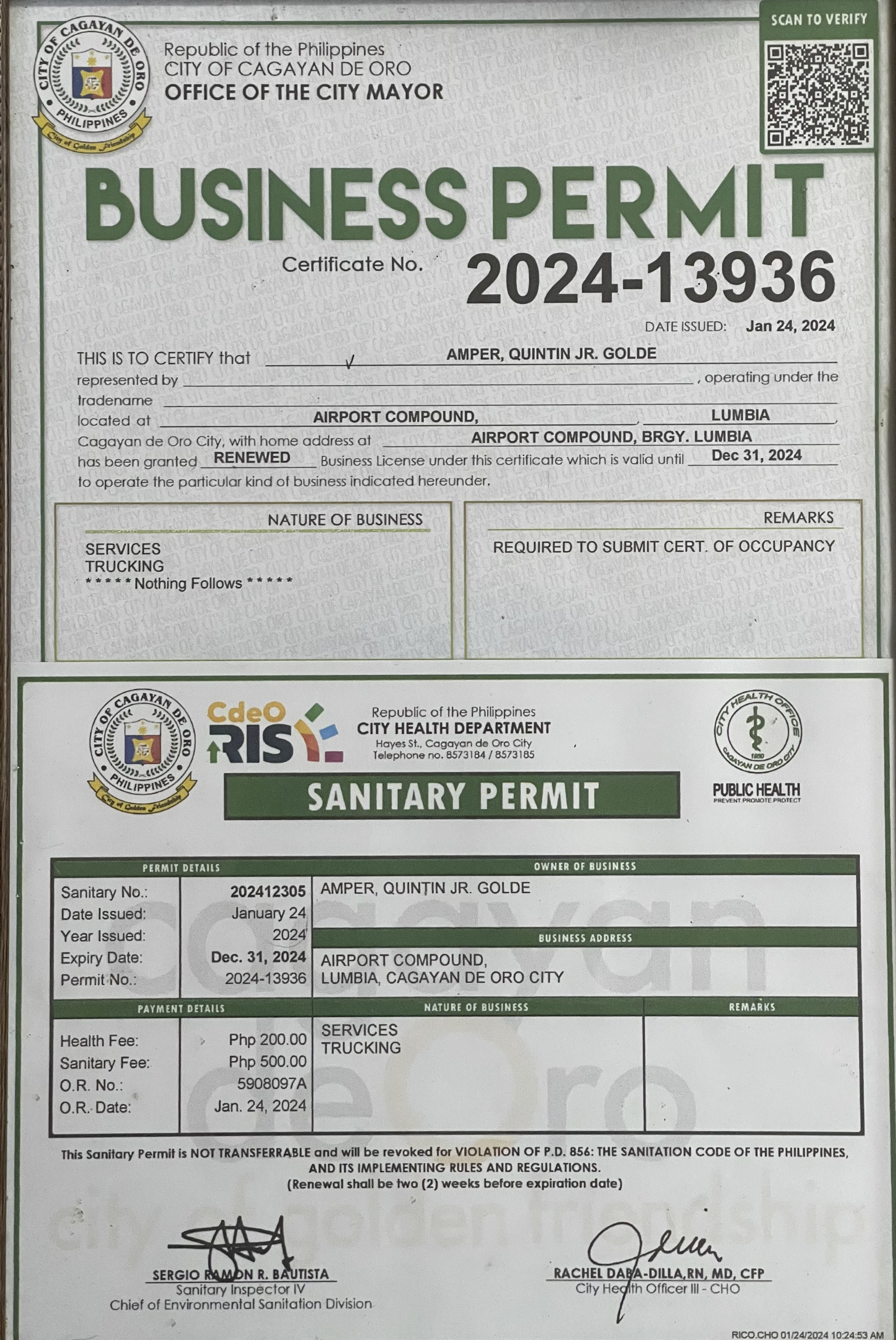 Business & Sanitary Permit