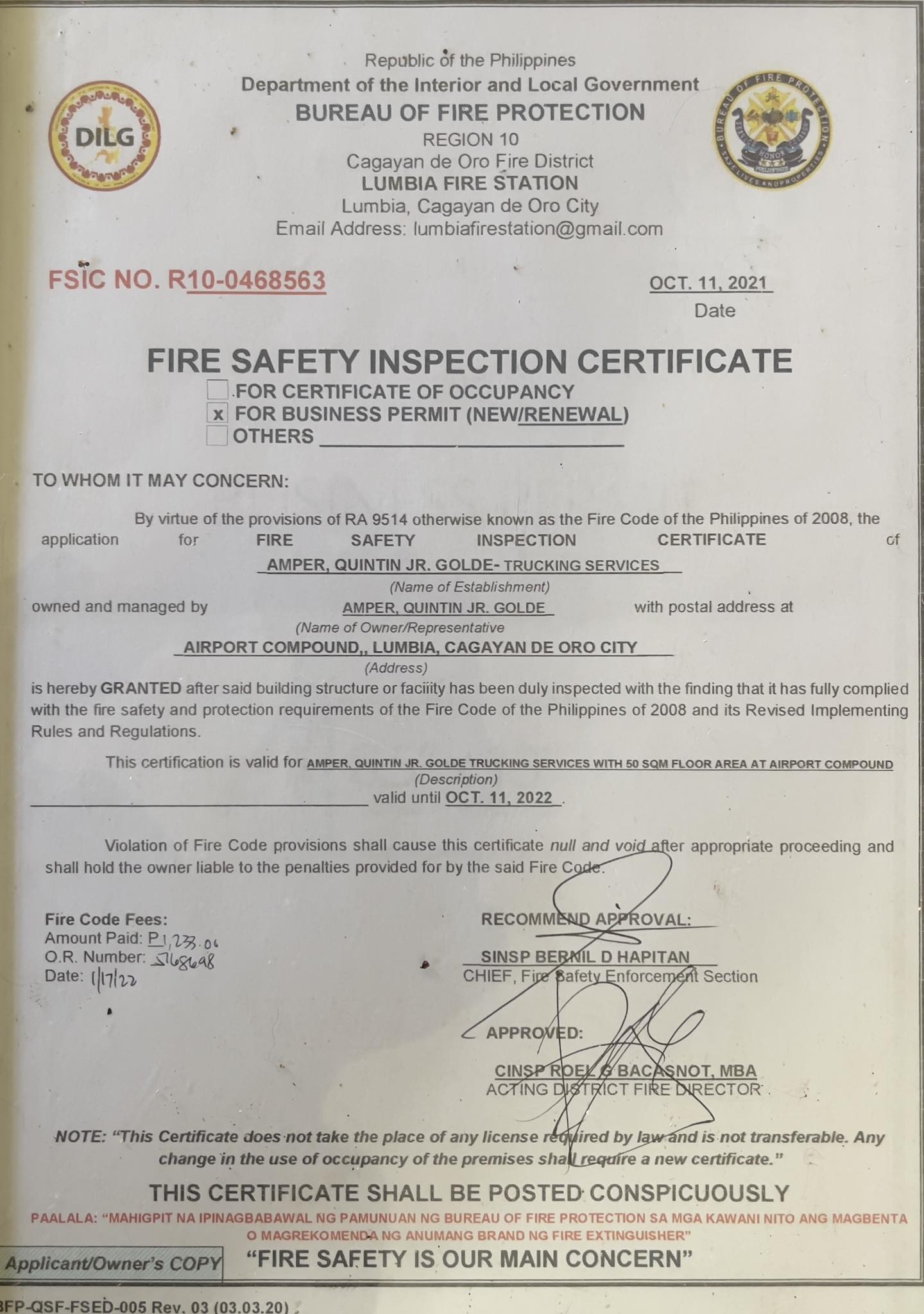 Fire Safety Inspection Certificate